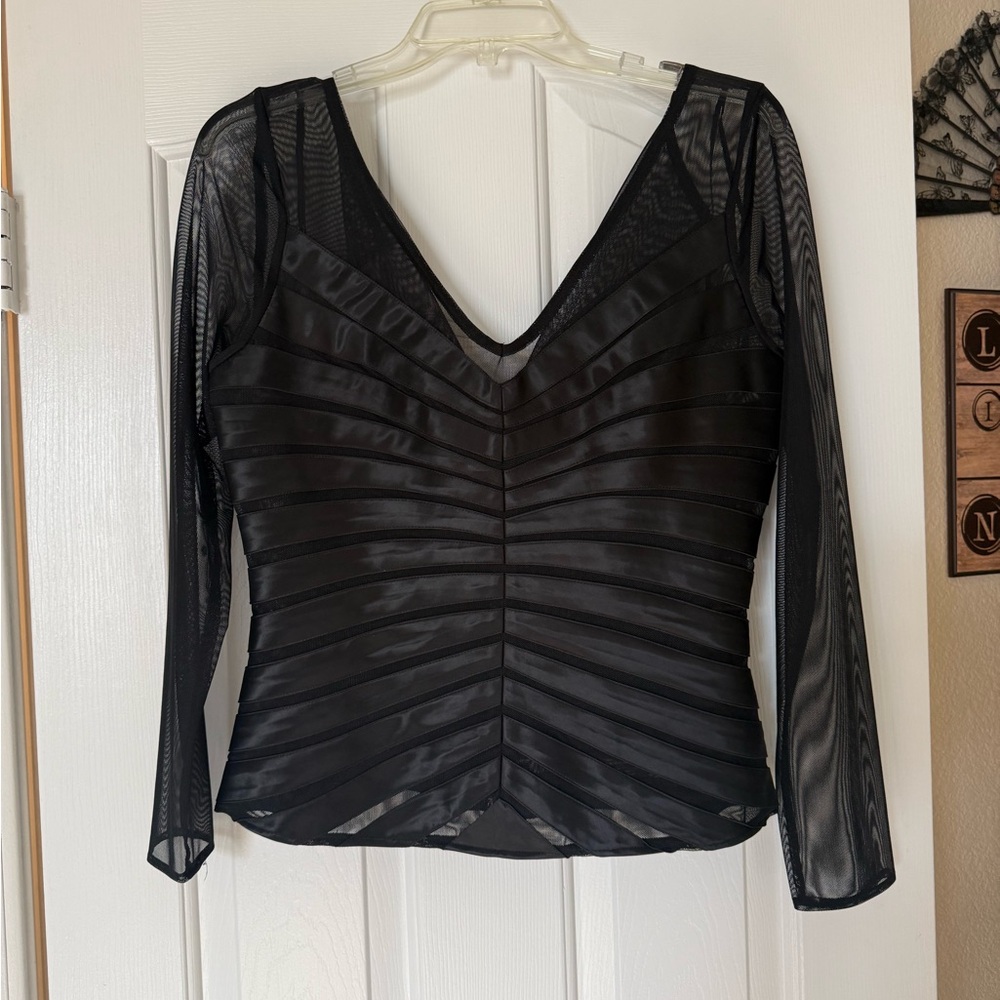 Black Mesh/Satin Long Sleeve Blouse
